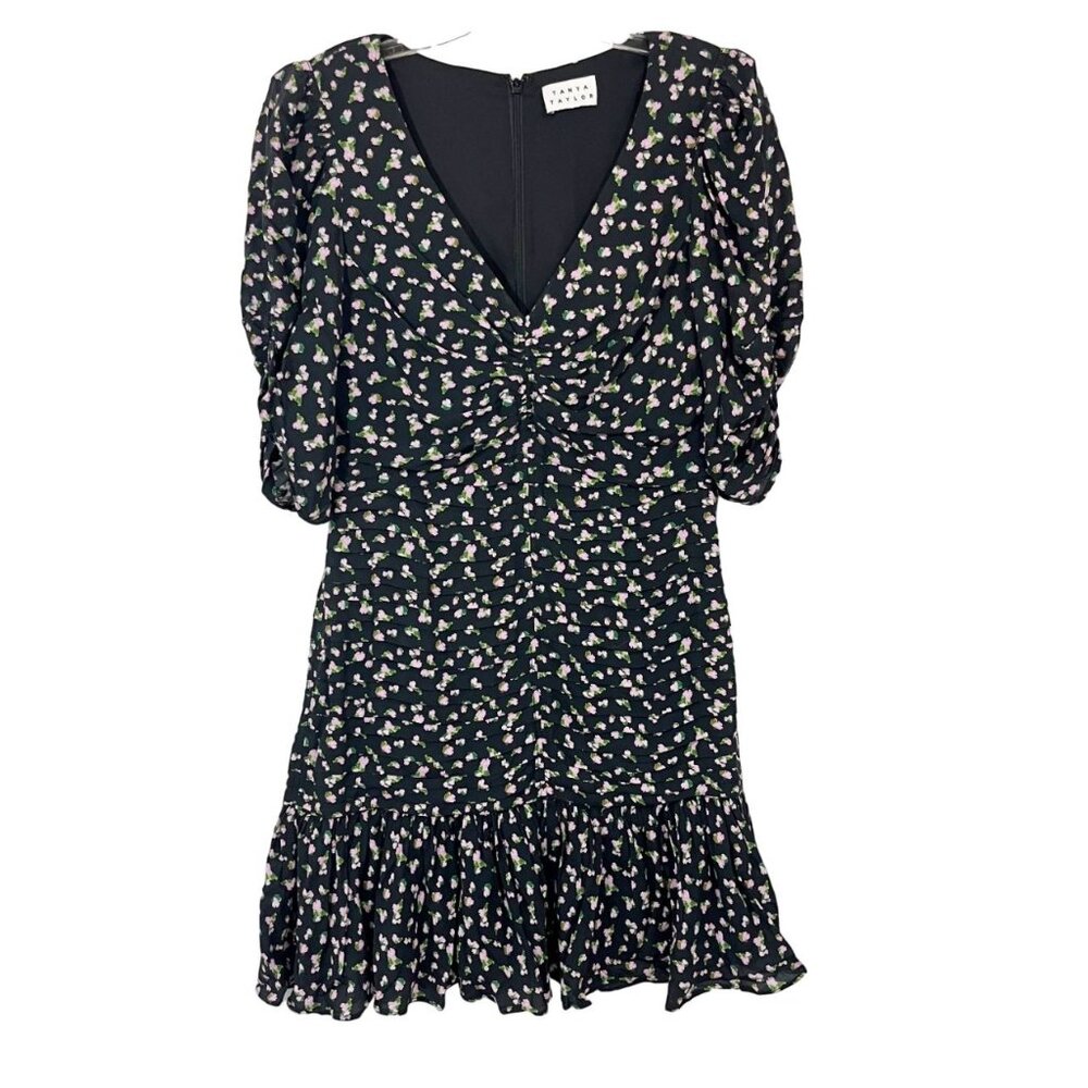 Tanya‎ Taylor Pansy Puff Sleeve Flounce Mini Dress Ruched Black Floral - Size 6